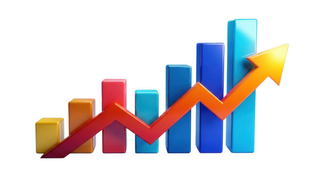 3 d bar graph with upward trending red and yellow arrow on black background chart