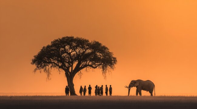 Silhouettes of people and elephant at sunset under a large tree