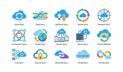 Obraz premium Cloud synchronization icons showing sync variants on white background