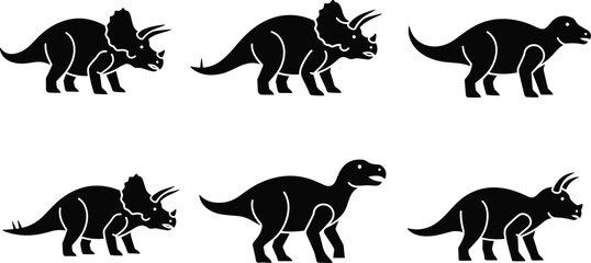 Triceratops Dinosaur Silhouette Collection Vector Set Featuring Prehistoric Herbivore Side View Poses Jurassic Era Animal Outline Illustration Elements © Kamal