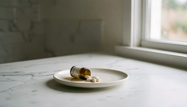 A close-up of an empty prescription bottle sitting on a white plate with pills scattered around it. Glp.