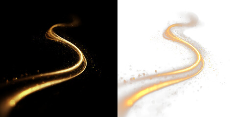 Golden line flows across isolated on transparent and black background, creating a sense of movement and light in a simple design, light overlay, PNG © tanandaa