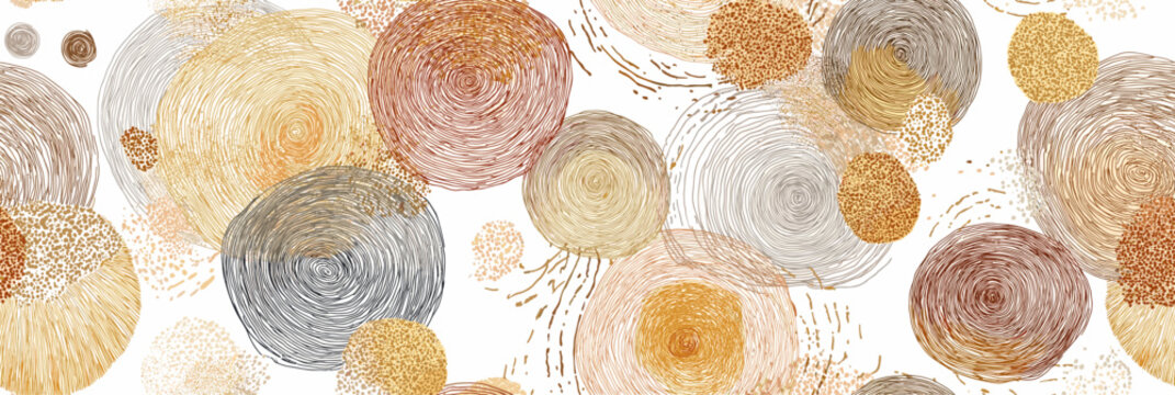 Seamless pattern of retro textured circles background. Abstract circles with hand-drawn line textures creating a modern organic seamless pattern