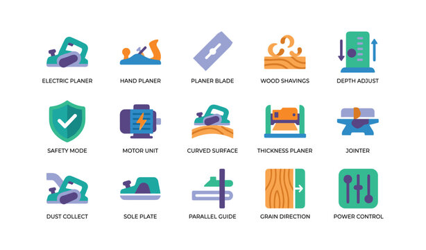 Planer and woodworking tool icons arranged in labeled grid on white