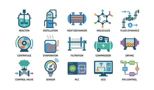 Process engineering icons showing equipment and control on white