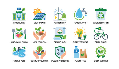 Naklejka premium Eco and sustainability icons arranged in grid on white background