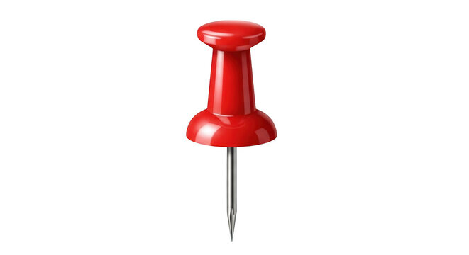 A single bright red plastic push pin with a sharp metal needle point, standing upright, isolated on transparent background