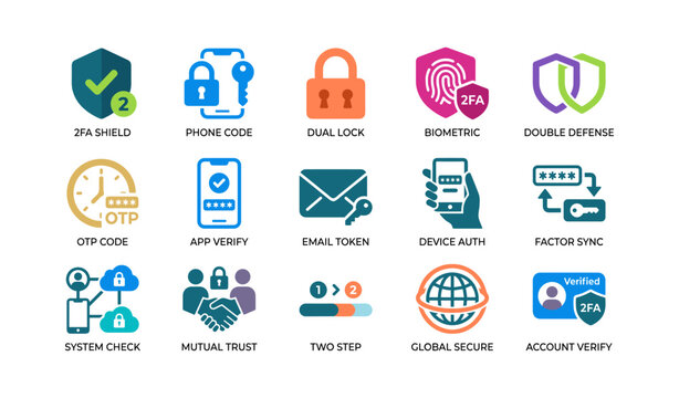 Authentication icons showing two factor security on white background