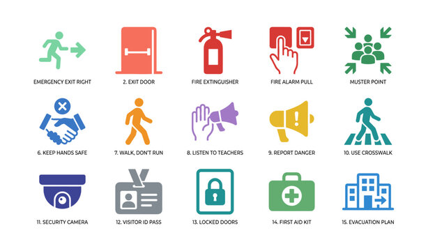 Safety icons depicting emergency procedures on white background