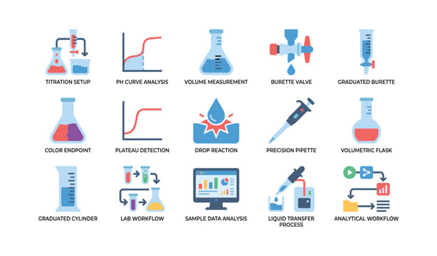 Laboratory titration and workflow icons arranged in white grid