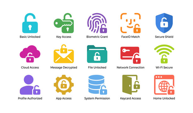 Access and unlock icons representing permissions and security on white