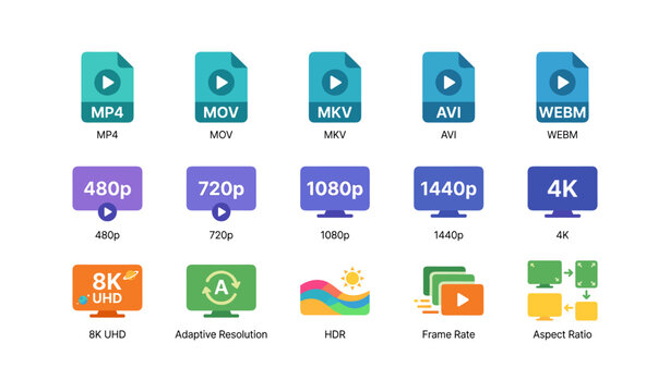 Video format and resolution icons displayed in white grid