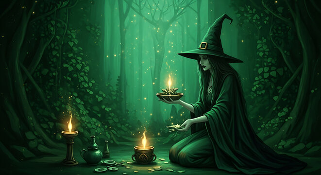 Gothic witch brewing potion in cauldron isolated on a transparent background