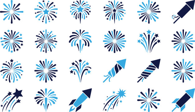 Fireworks and celebration icons set festive explosion rocket and firework display symbols.
