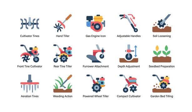 Garden tiller icons arranged in grid on white background