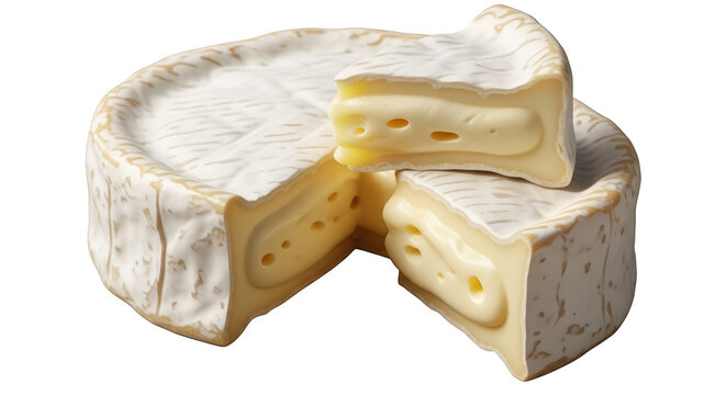 Round wheel of soft ripened brie or camembert cheese with a cut wedge showing creamy interior, isolated on transparent background