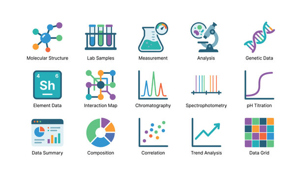 Scientific icons showing laboratory equipment and data charts