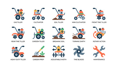 Fototapeta premium Garden tiller icons showing cultivators and soil tools on white