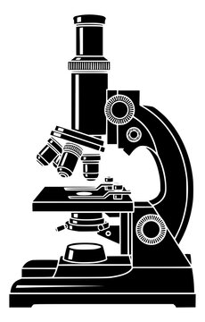 Microscope laboratory equipment illustration in black and white, scientific research tool icon for biology chemistry education