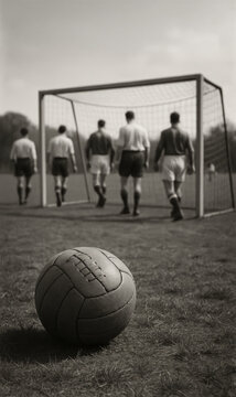 Vintage black and white photo of a classic leather soccer ball on grass with players walking toward a goal. Retro sports scene capturing the heritage and nostalgia of traditional football.