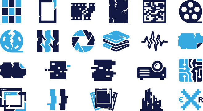 Set of digital technology icons representing data corruption and digital media.