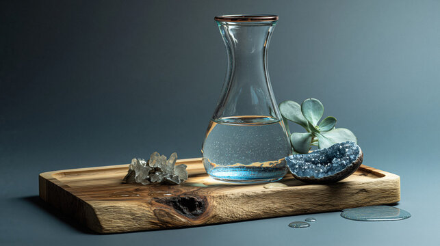 Biophilic calm wellness still life. Clear handblown glass carafe with pure water on raw wooden tray, accompanied by natural quartz crystals, indigo celestite geode and soft green succulent.