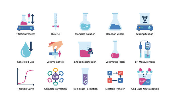 Titration icons showing lab equipment and measurements on white