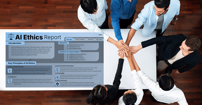 A diverse team of professionals collaborates on an AI ethics report, discussing key principles for responsible technology while fostering teamwork and mutual respect. Trope