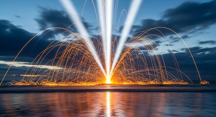Fototapeta premium Fiery arcs of light burst upwards from a beach at twilight, illuminating the sky