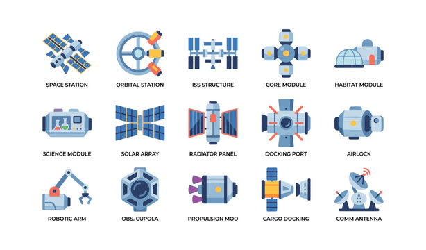 Space station module hardware icons in grid on white background