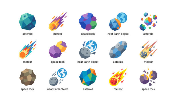 Grid of asteroid and meteor icons arranged on white background