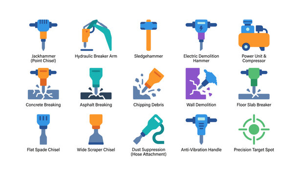 Demolition tool icons showing breakers and chisels on white background