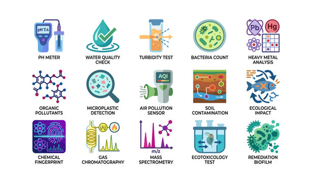 Environmental testing icons showing water and soil analysis
