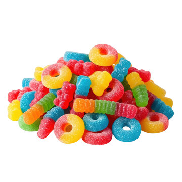 A large pile of colorful sugared gummy candies, including rings, worms, and bears, isolated on transparent background