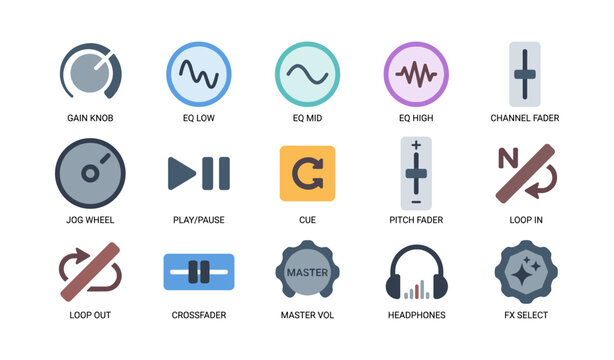 Audio controller icons representing dj controls on white background