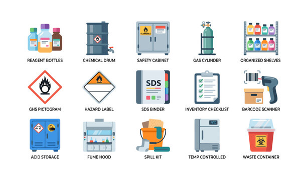 Laboratory safety and chemical storage icons on white background