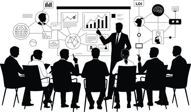 business, presentation, meeting, colleagues, graphs, charts, screen, whiteboard, silhouettes, black, office, teamwork, discussion, str Businessman presenting to colleagues, graphs and charts on screen