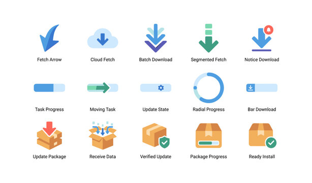 Download and update icons showing package progress on white background