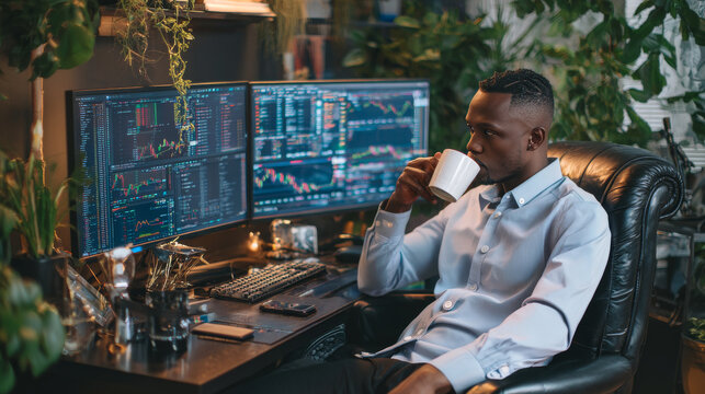 Good looking black African-American male trader working from home with three Computer monitors in front of him and a cell phone on the desk, drinking coffee