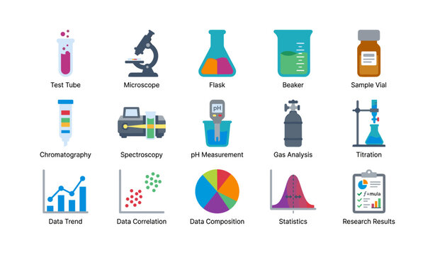 Laboratory and data analysis icons arranged on white background