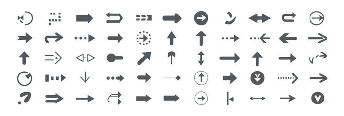Obraz premium Variety of arrow icons in dark gray, including straight, curved, and dotted styles.