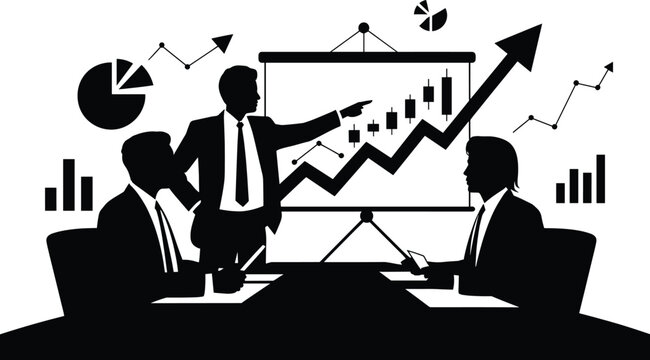 businessmen, meeting, presentation, graph, chart, board, finance, data, statistics, office, work, discussion, planning, strategy,  Businessmen presenting and discussing financial data on a graph board