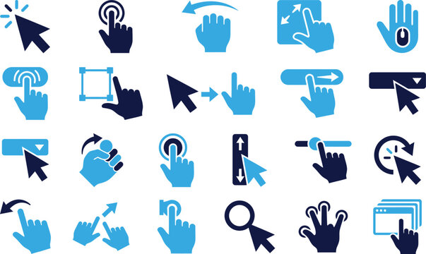 Set of blue and dark blue computer mouse cursor and hand touch gestures for digital interface use.