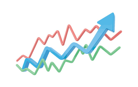3D graph with a blue arrow showing upward trend amidst red and green wavy lines.