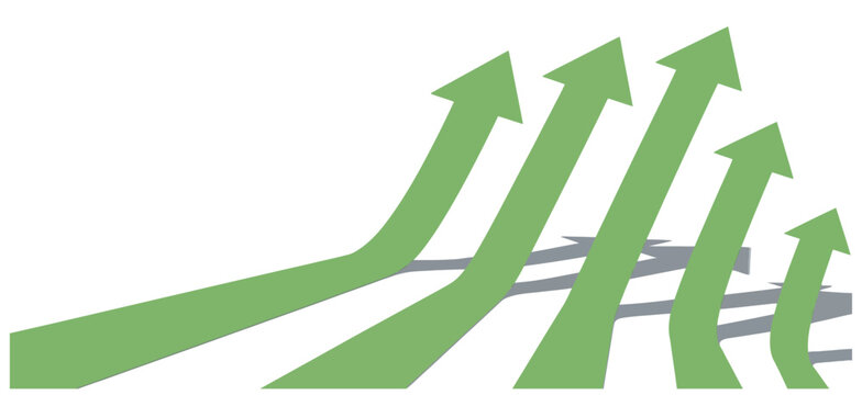 Five green arrows with subtle shadows pointing upwards and right, symbolizing business growth and financial progress on a white background.