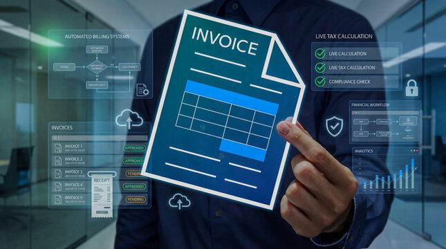 Person holding digital invoice with automated billing systems and live tax calculation holograms. Modern financial technology (FinTech) and automated accounting software concept.