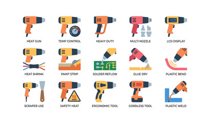 Fototapeta premium Heat gun icons illustrating uses and features on white background