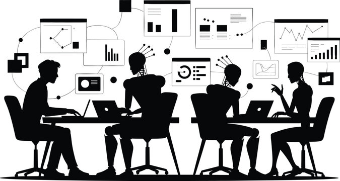 people, business, office, work, laptops, computers, charts, graphs, meeting, teamwork, collaboration, silhouettes, black and wh Four people working on laptops, surrounded by business charts and graphs