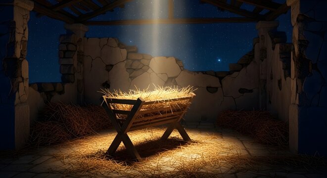 Illuminated nativity scene manger with hay and starry sky background