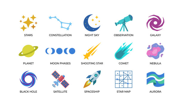 Astronomy and space icons arranged in grid collection